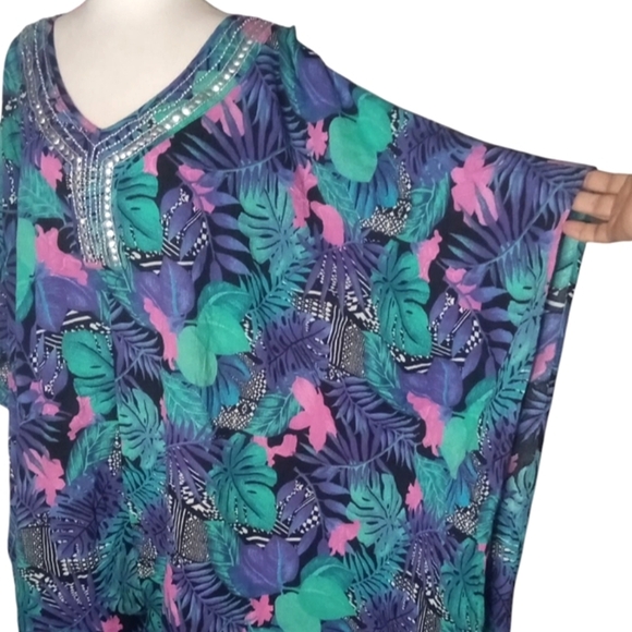 Swimsuits For All Jewelled Neckline Botanical Print Cotton Caftan Cover Up 26/28 - Picture 5 of 9